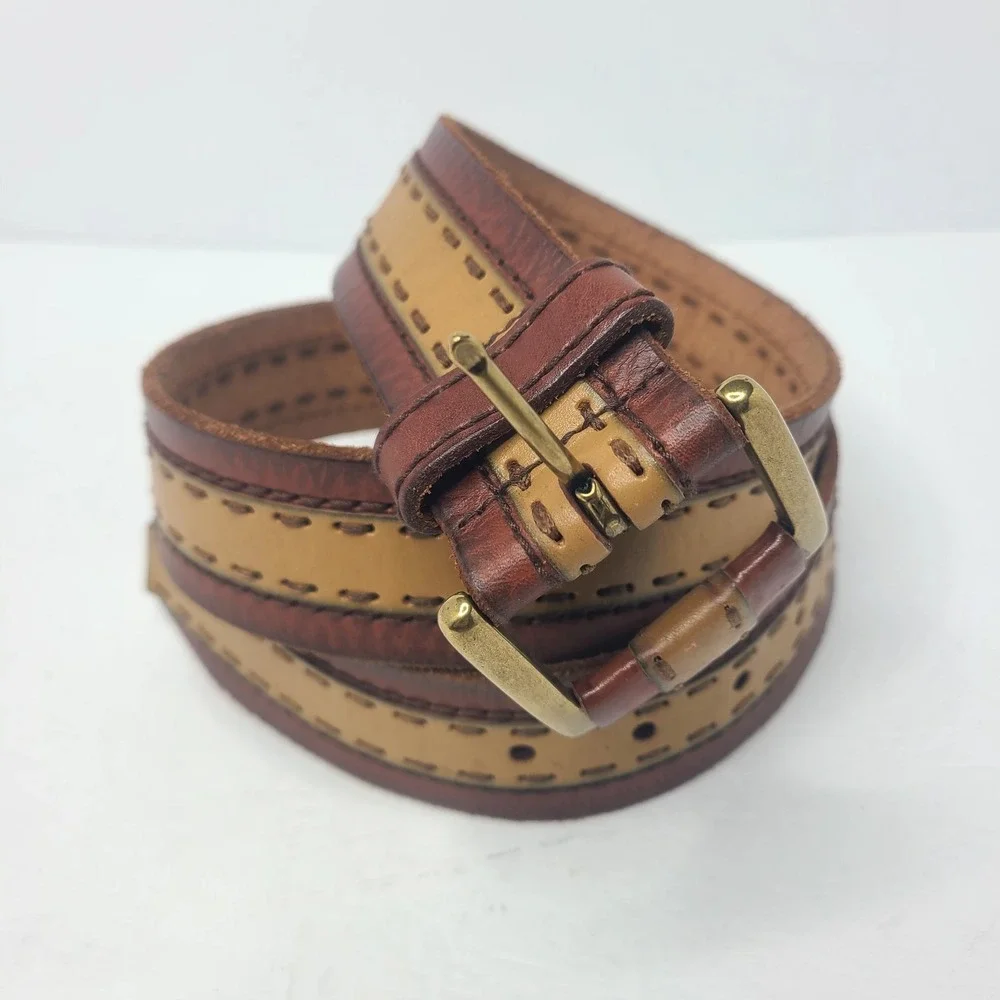 Vtg Lucky Brand Leather Belt Brown Tan 36 Wide Bohemian Western Stitch Unisex